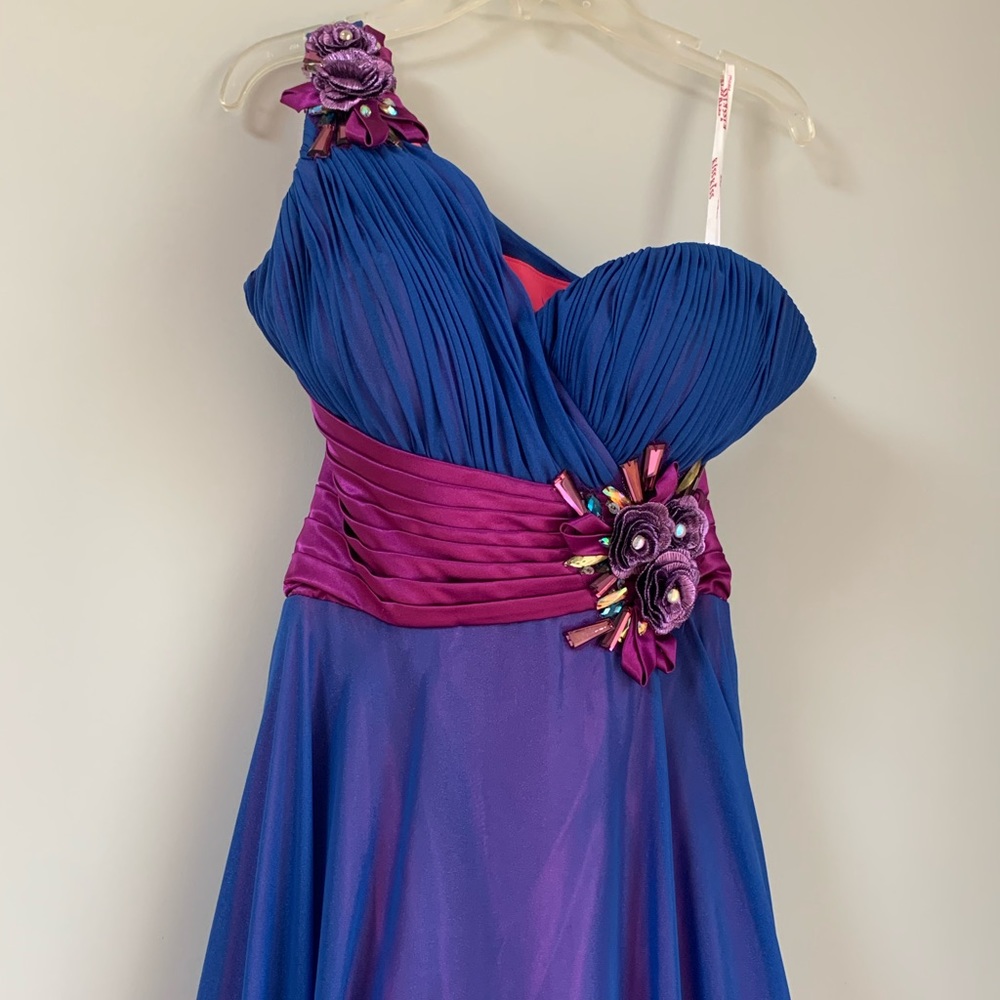 Vibrant Blue and Purple One-Shoulder Dress